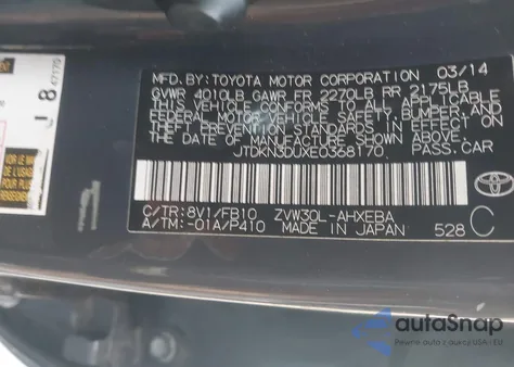2014 Toyota Prius Two from USA, damaged, VIN JTDKN3DUXE0368170